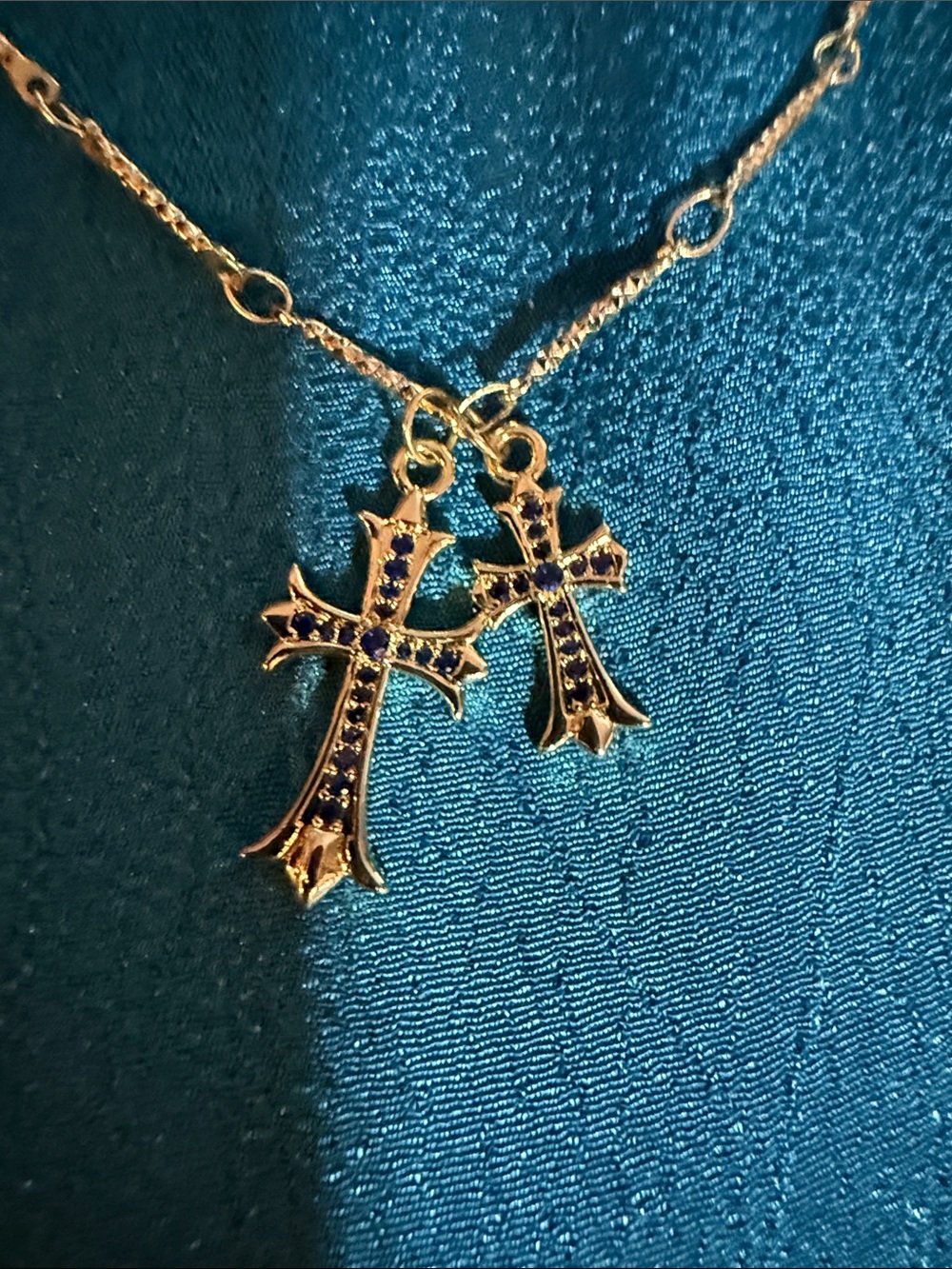 Gold Double Cross Necklace with black Stones - Women's Jewelry